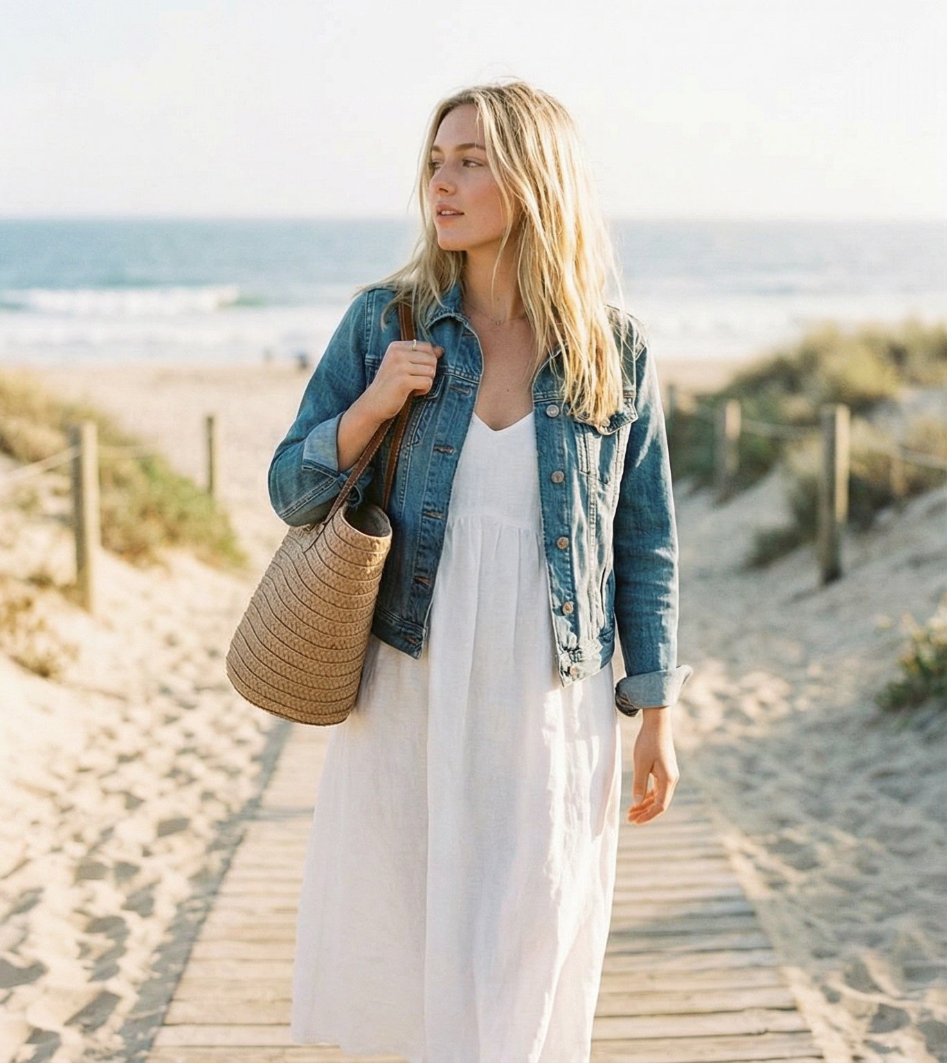 Woman in a white dress and denim jacket with a woven bag on a sandy beach.